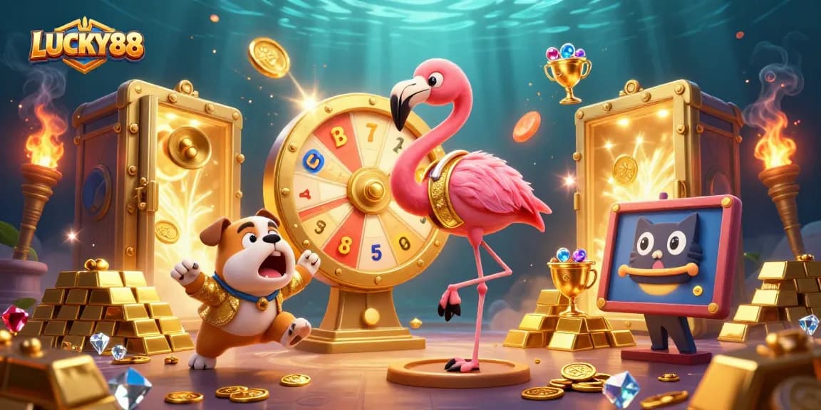 LUCKY88 offers thrilling gameplay as a cheerful bulldog celebrates wins with the flamingo host, surrounded by treasures.