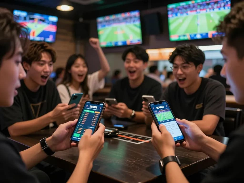 BOM88 sports betting experience with players actively placing bets on smartphones in a lively bar setting
