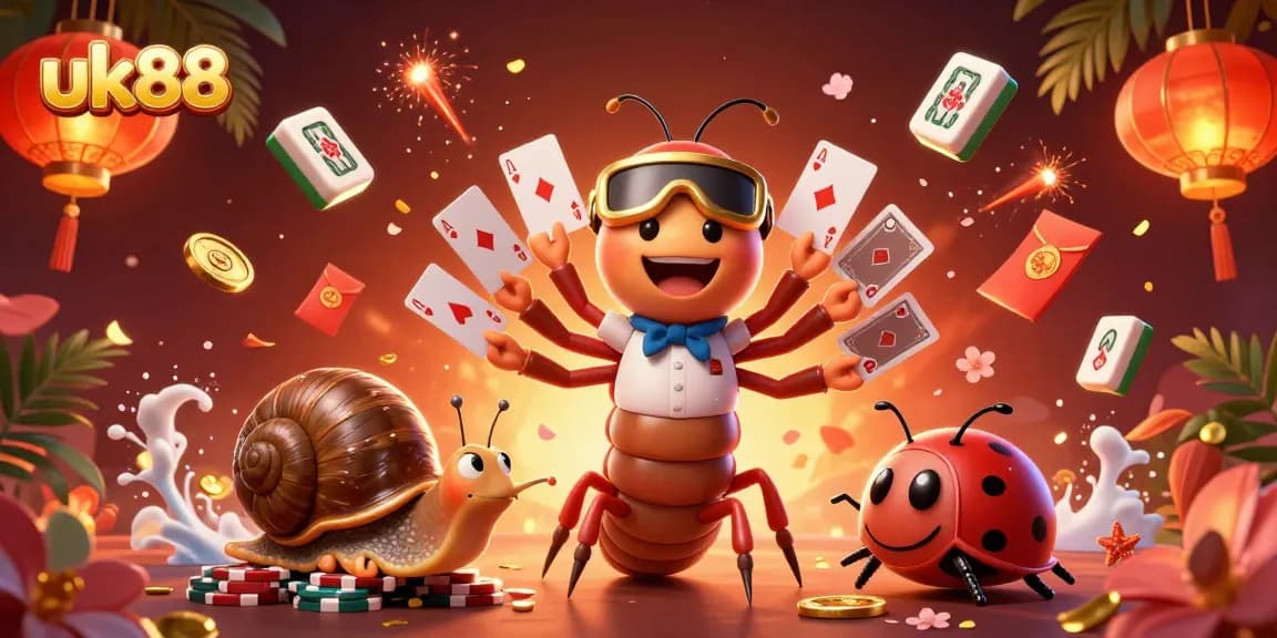 Experience thrilling gameplay at uk88 with a cartoon dealer, massive chips, and festive game elements.