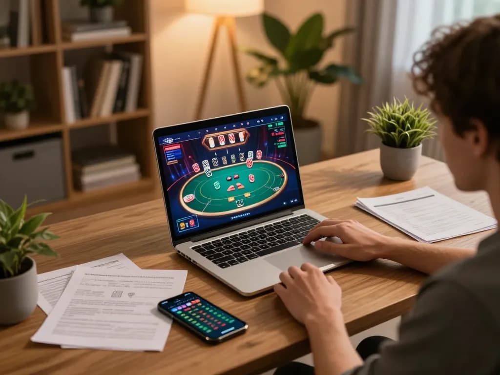 Engaging in online poker on https://566.beauty/ with vibrant graphics, warm ambiance, and strategy notes visible.
