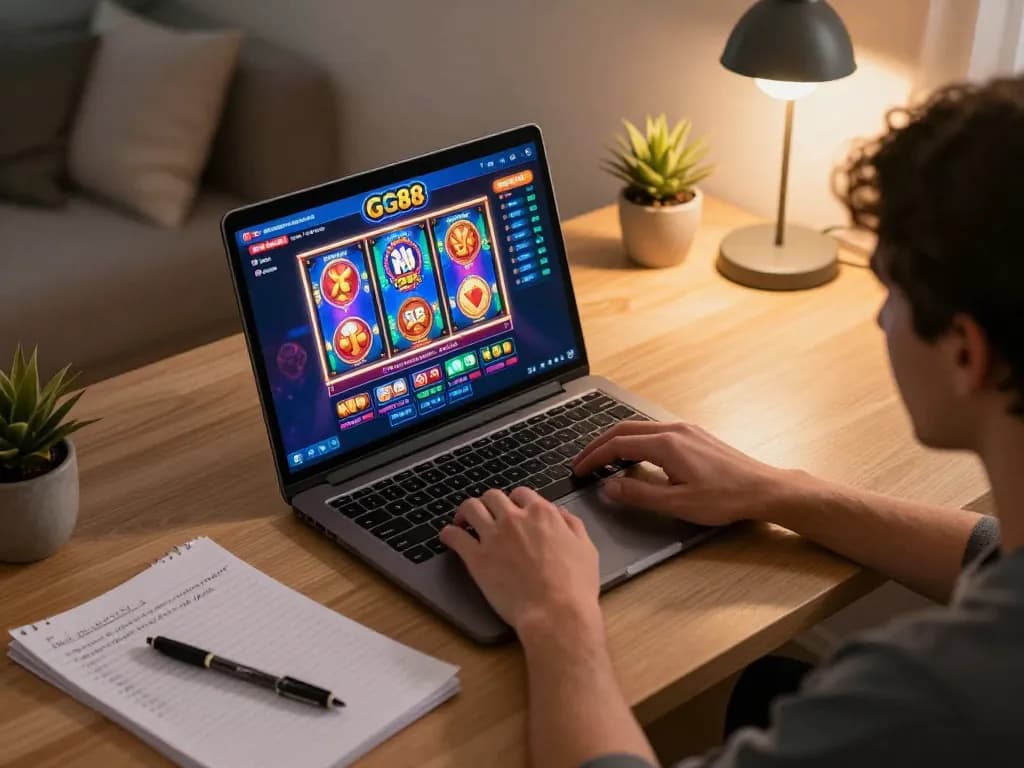 Player engaging with GG88 online casino interface on a laptop in a cozy home setup.