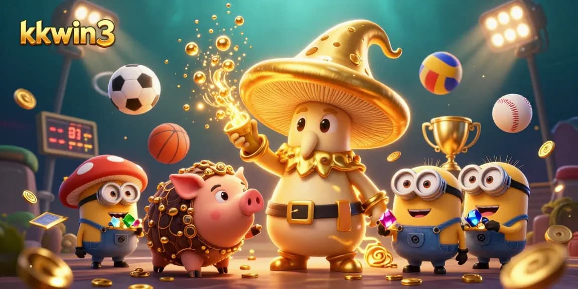 Join the fun at kkwin3 with a magical scene featuring a golden mushroom wizard and sports action!