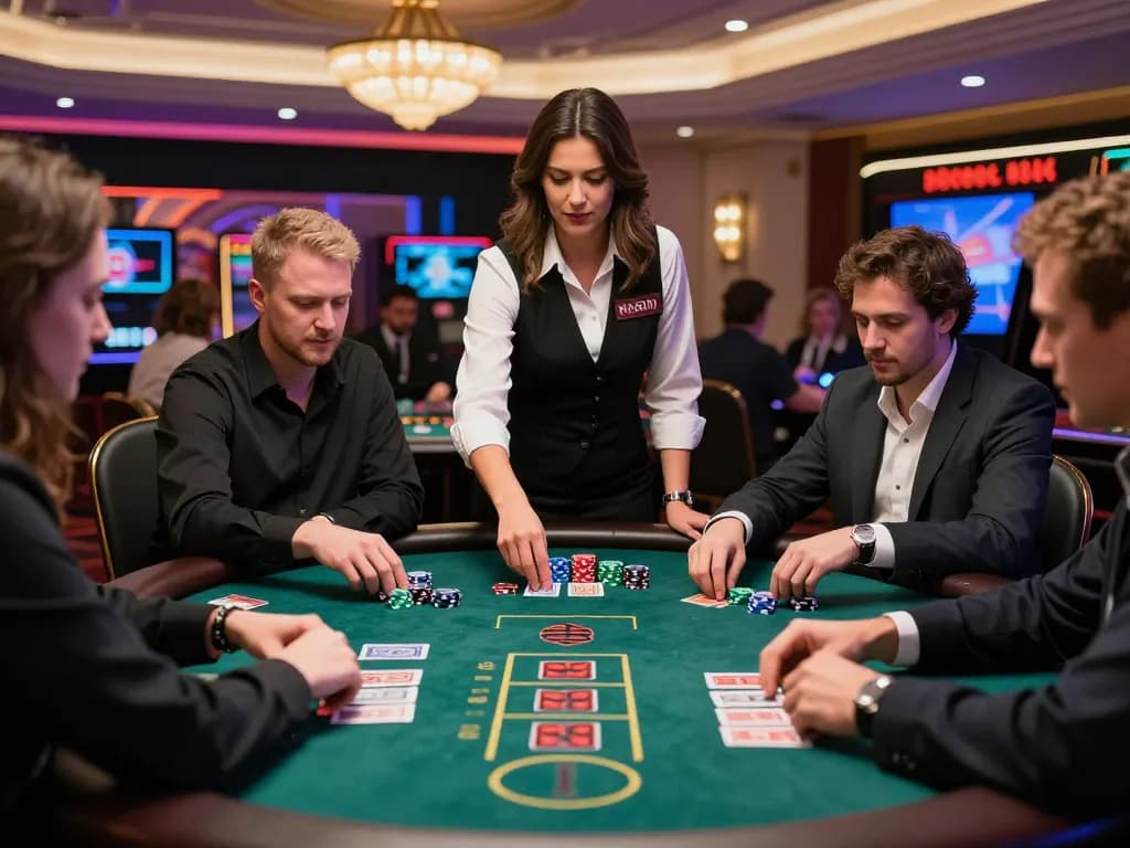 Dabet players engaging in a high-stakes blackjack game with a professional dealer in a luxurious casino.