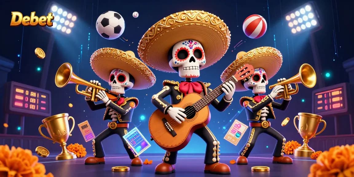 Debet skeleton mariachi band amidst dynamic casino elements highlighting vibrant gambling action.
