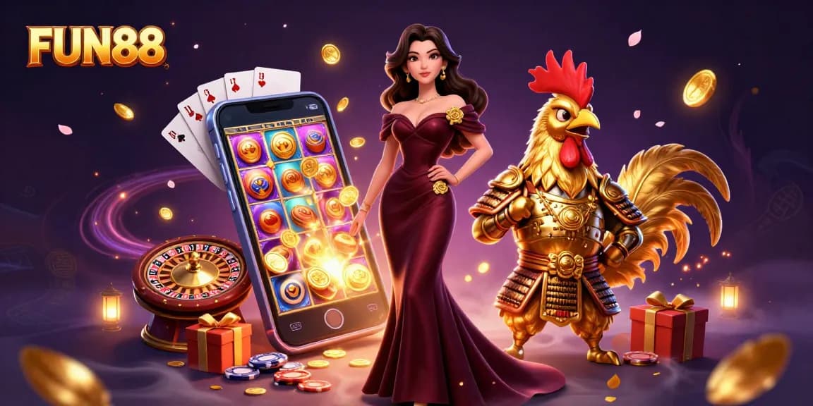Experience exciting casino action with FUN88 in this vibrant 3D illustration showcasing classic gaming elements.