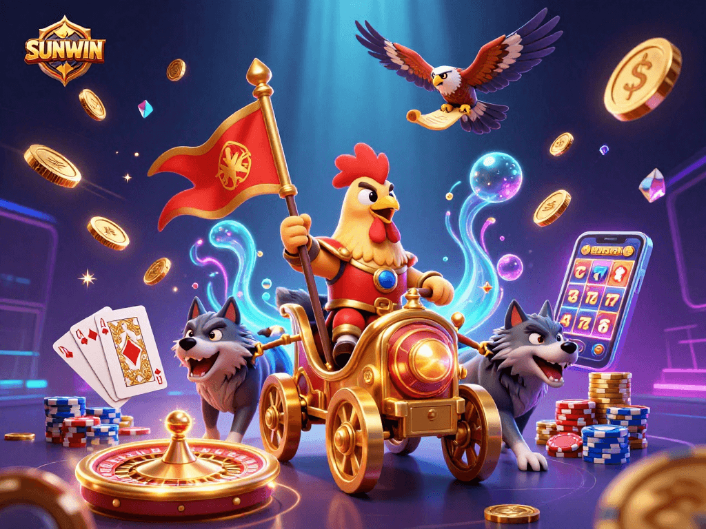 SUNWIN features a dynamic 3D scene with a rooster warlord and gaming elements showcasing casino excitement.