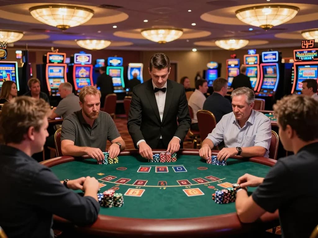 Red88 blackjack players strategizing their hands amid an engaging casino atmosphere