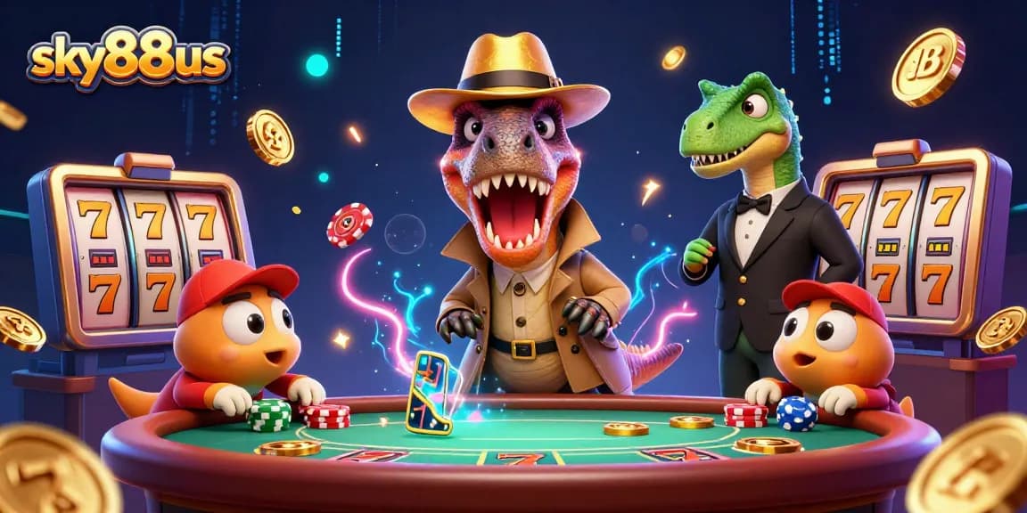 Sky88us energizes players with a vibrant casino scene featuring animated characters at a blackjack table.