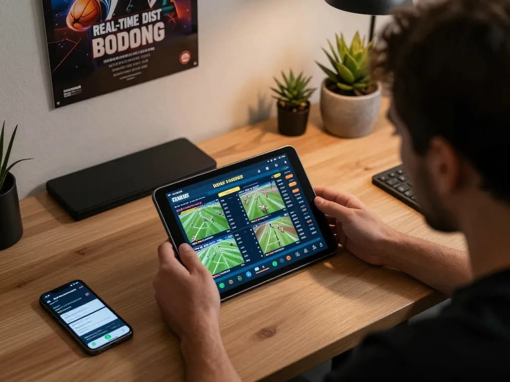 Engaging in a tv88 game session analyzing live sports odds on a tablet in a modern workspace.