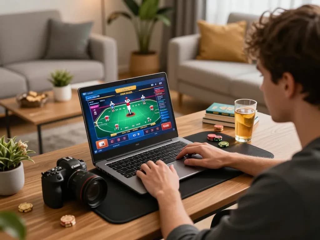 Engaged player on laptop exploring 888new online poker game in cozy home setup