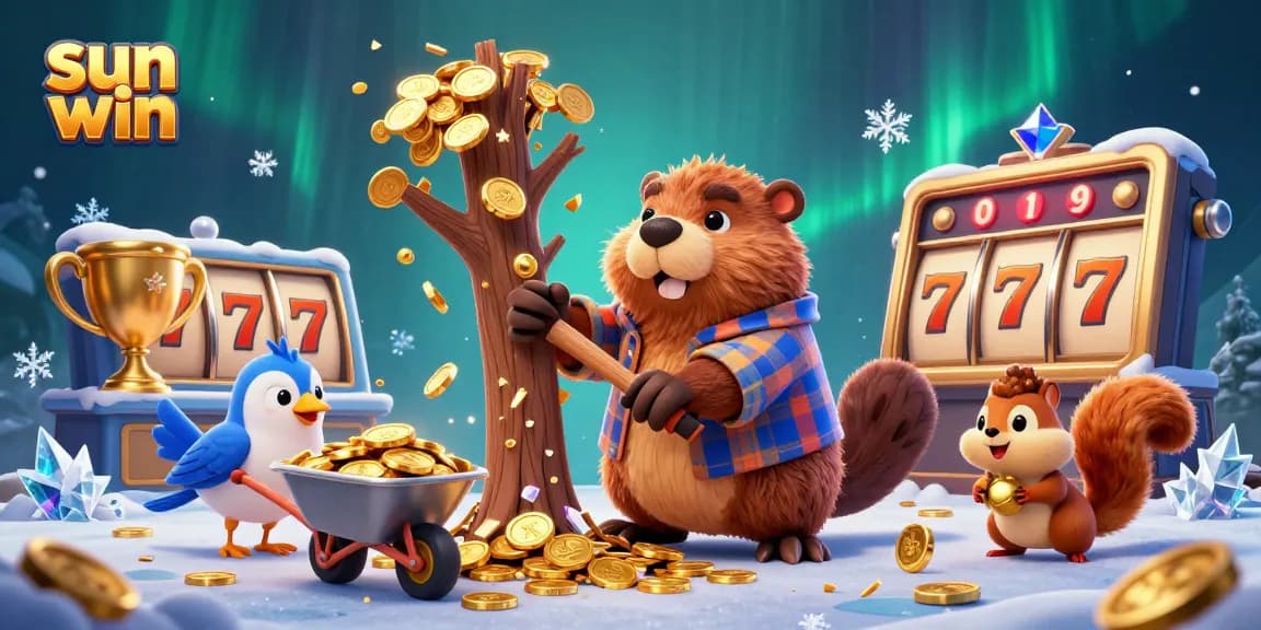 Engage with sun win slots as lively characters celebrate golden coin rains in a vibrant casino.