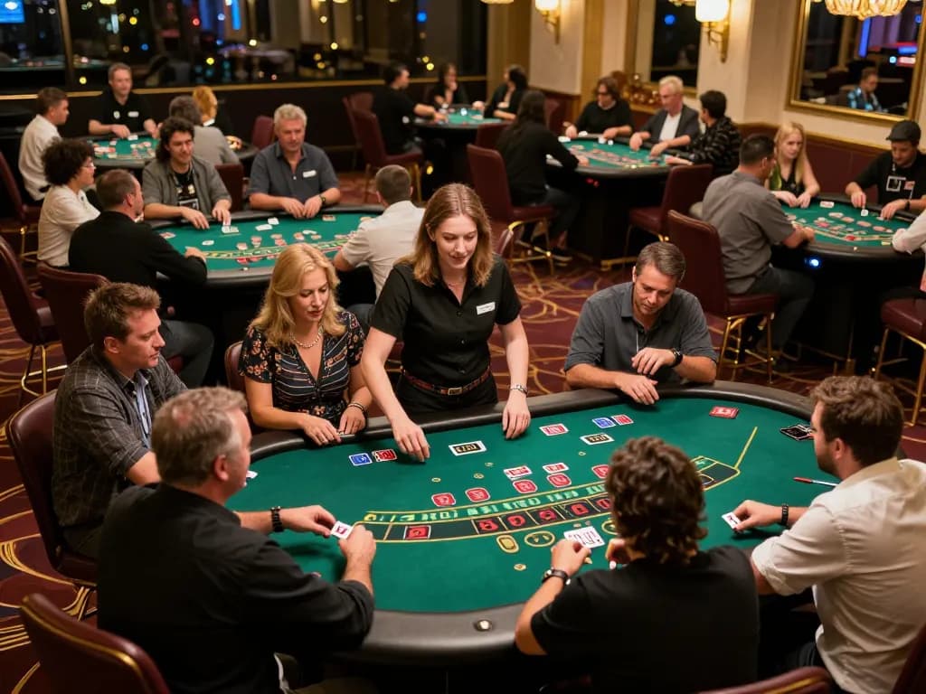 I9BET players immersed in intense blackjack gameplay on a lively casino floor, showcasing vibrant energy and strategic moves