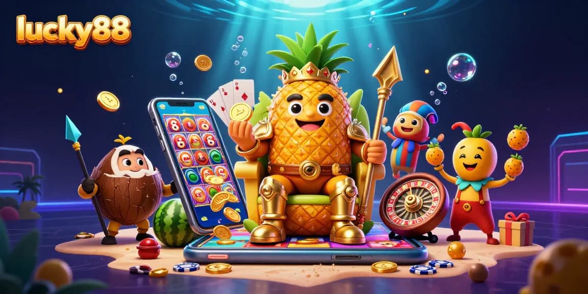 Engage with lucky88 at this vibrant casino illustration featuring a golden pineapple king!