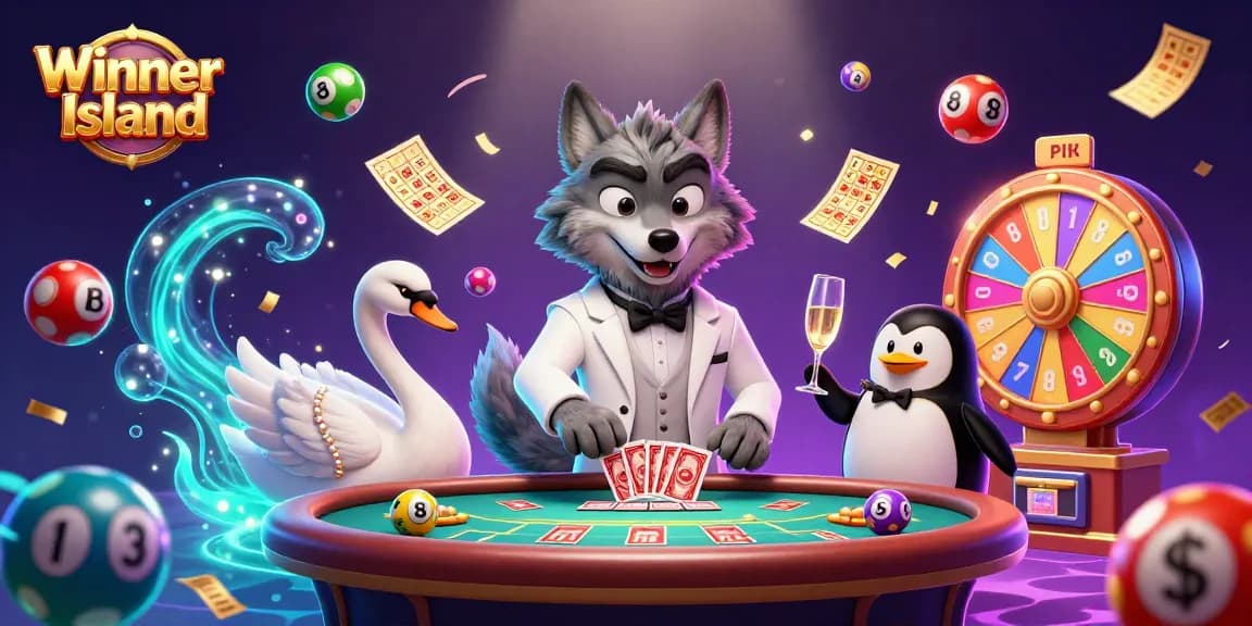 Experience thrilling gameplay at Winner Island Casino with a lively scene of a wolf, swan, and penguin amidst dynamic gambling elements.