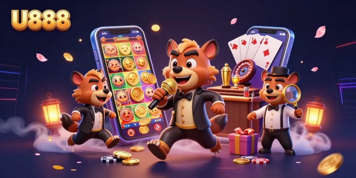 U888 showcases a vibrant comedy casino scene with hyenas depicting fun gambling activities through humor and entertainment.