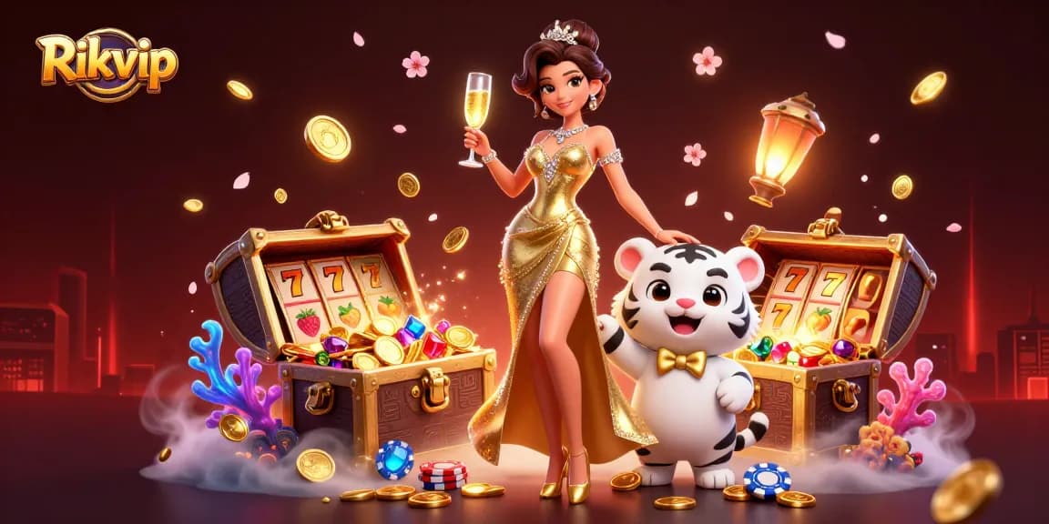 Win big with Rikvip in a glamorous casino scene featuring a lucky tiger and vibrant slot reels.