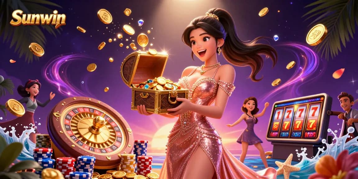 Experience winning joy at Sunwin with a vibrant scene of treasures and gaming thrills.