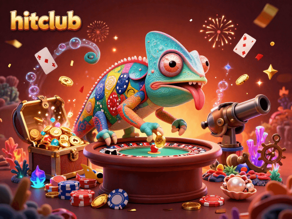 Experience the vibrant hitclub world with a chameleon casino owner snapping up coins.