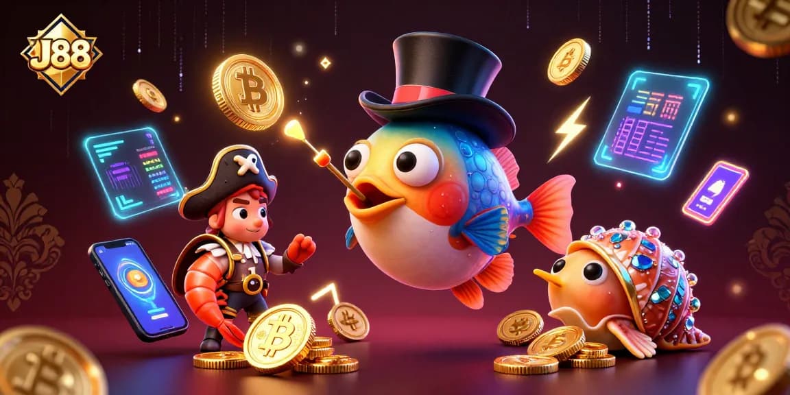 J88 casino illustration featuring a deep-sea anglerfish attracting golden coins with blockchain elements in a vibrant scene.