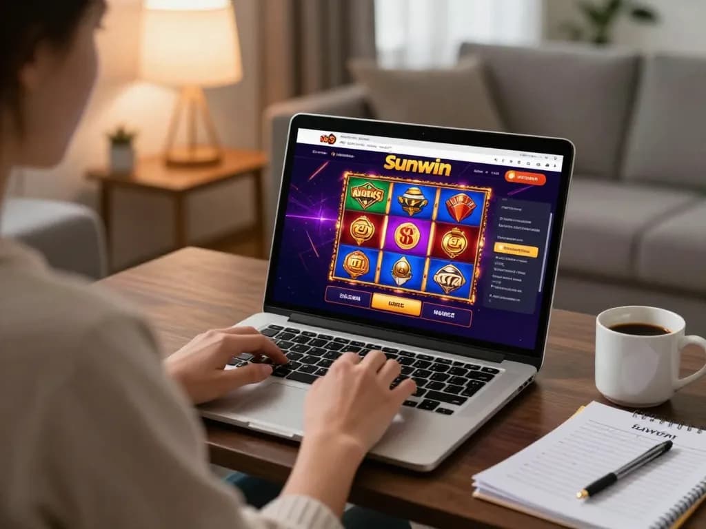 Engaging with Sunwin online casino platform at home, showcasing vibrant slot games on laptop screen.