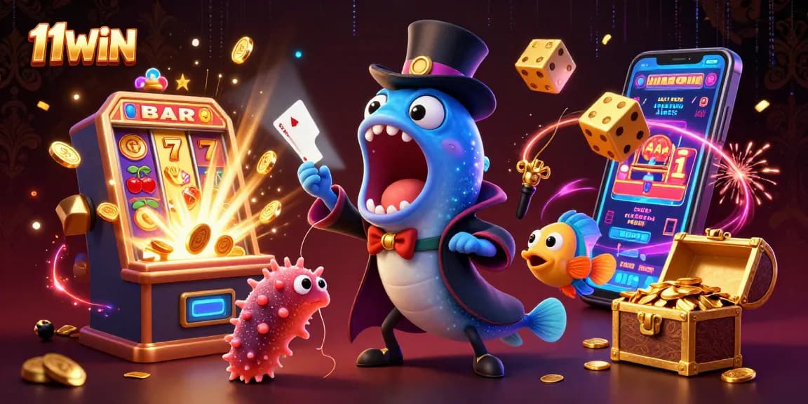 11WIN brings excitement with deep-sea characters performing magic and showcasing thrilling casino elements.