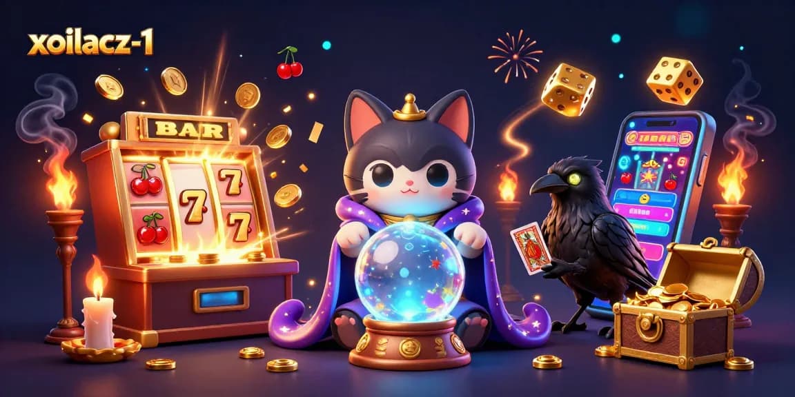 Xoilacz-1 offers vibrant casino thrills, featuring a mystic fortune teller cat, a tarot raven, and jackpot elements.