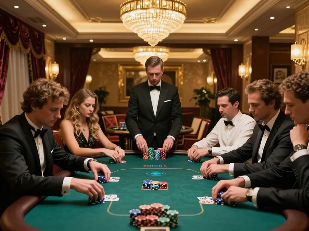 Intense poker gameplay at XOCDIA88's luxurious high-stakes table with focused players.