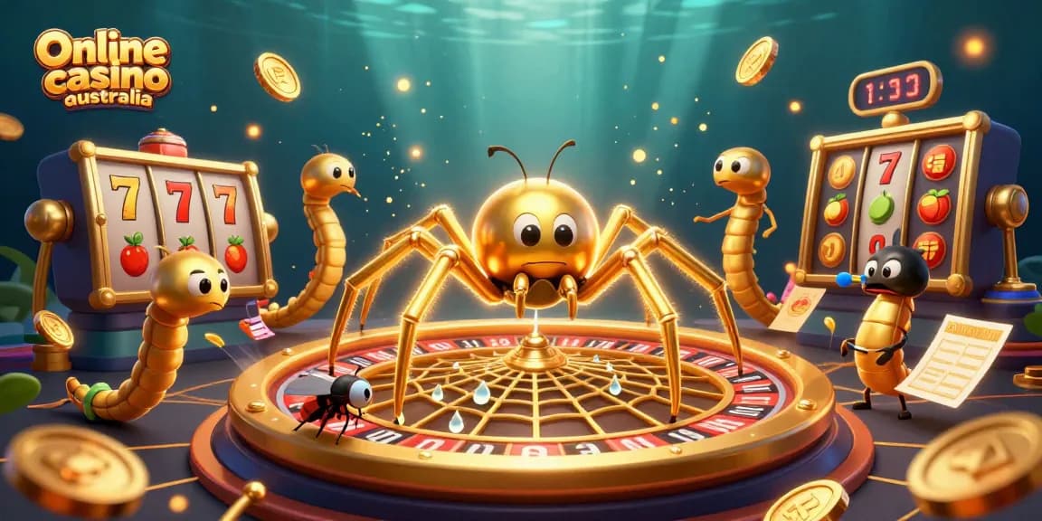 Engage with the vibrant scene showcasing an online casino australia, featuring a golden spider and fly placing bets.