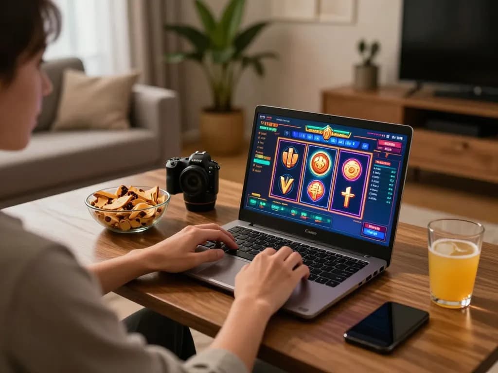 Player enjoying slots on alo8 at a cozy online gaming setup with snacks and warm lighting.