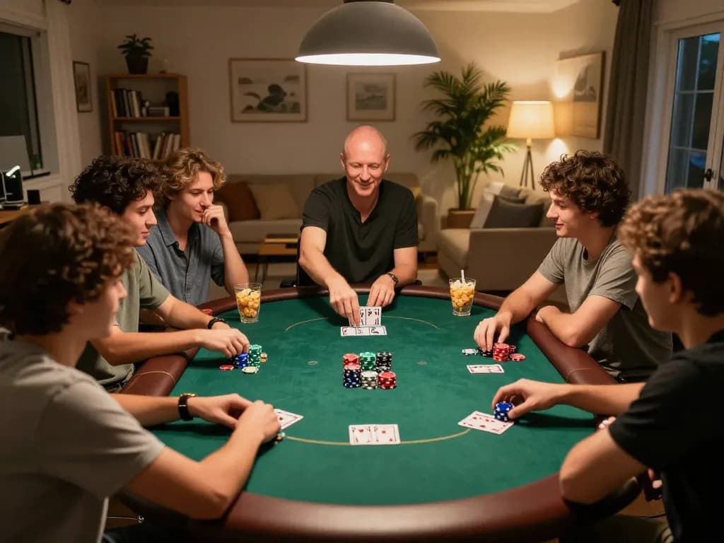 Uk88 players enjoying a vibrant poker night, showcasing dynamic gameplay and friendly competition.