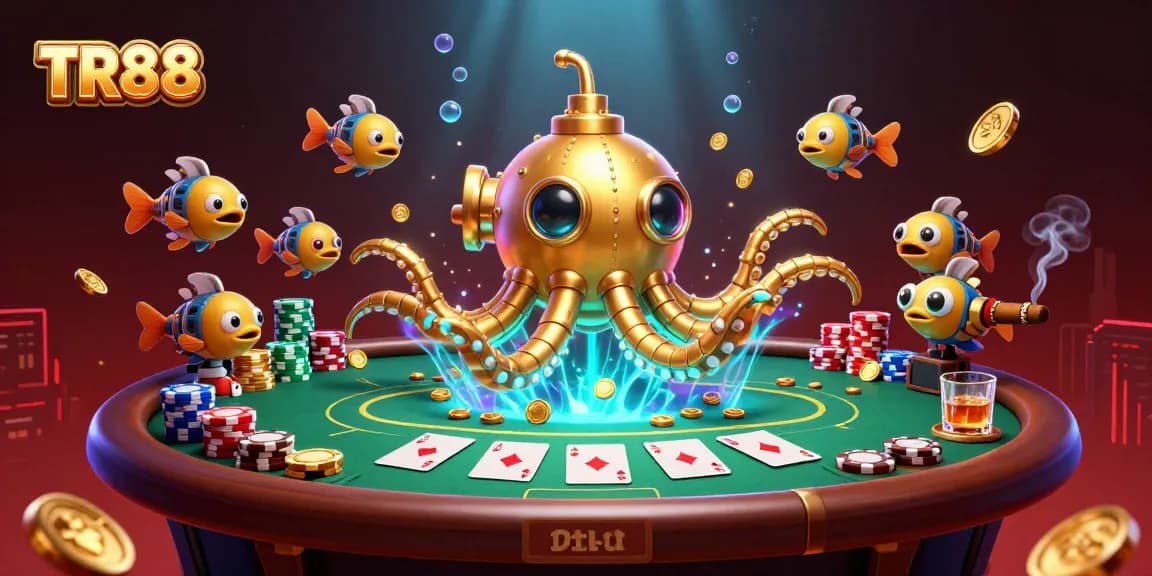 Experience TR88 with a vibrant, action-packed illustration of a kraken submarine in a casino-style sea.