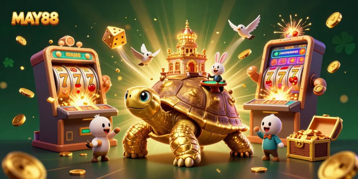 MAY88 features a golden tortoise casino with a rabbit dealer, showcasing vibrant slot game elements.