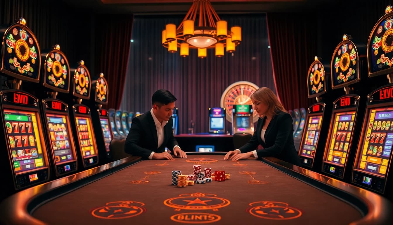 A thrilling poker game at nohu90 casino, showcasing players and vibrant slot machines.