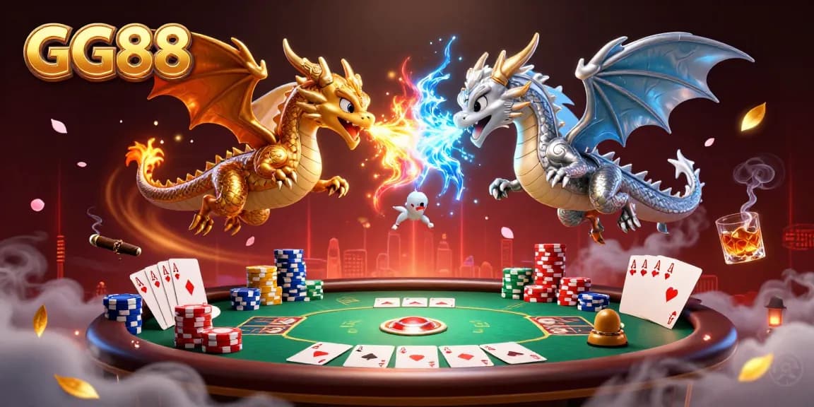 GG88 invokes excitement in a 3D casino scene with dragons and poker elements, showcasing gambling thrill.