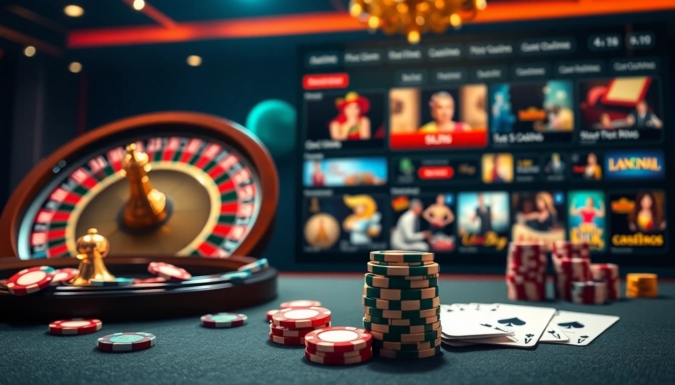 Exciting scene showcasing cwin trang chủ with a roulette wheel, poker table, and vibrant casino elements.