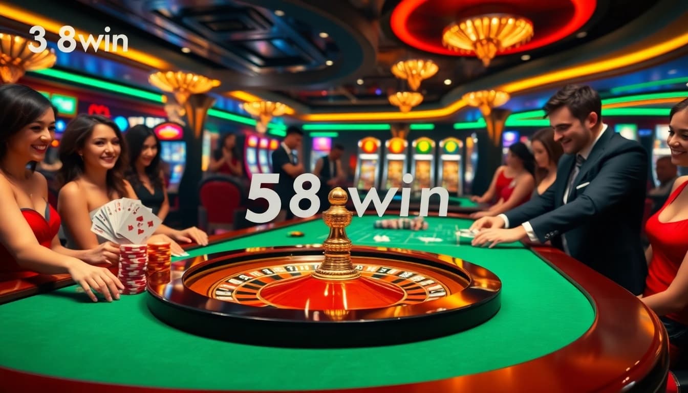 Players enjoying a thrilling game at 58win’s luxurious casino with roulette and poker.