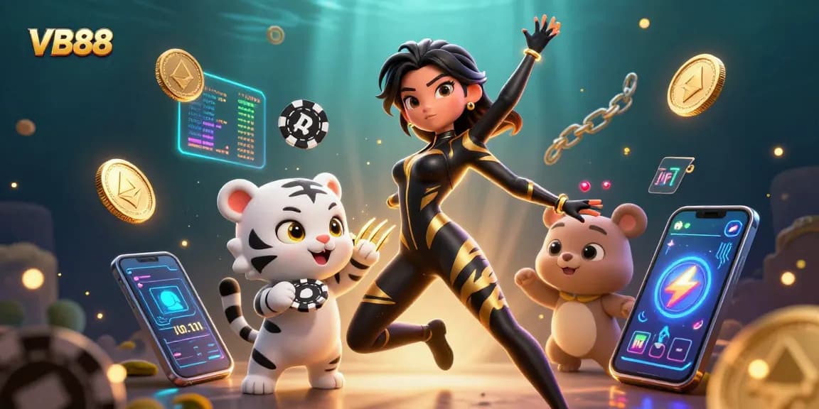 Engage in exciting gaming at VB88 with a stunning illustrated scene of a woman in a black catsuit, a playful tiger, and dynamic gambling elements.