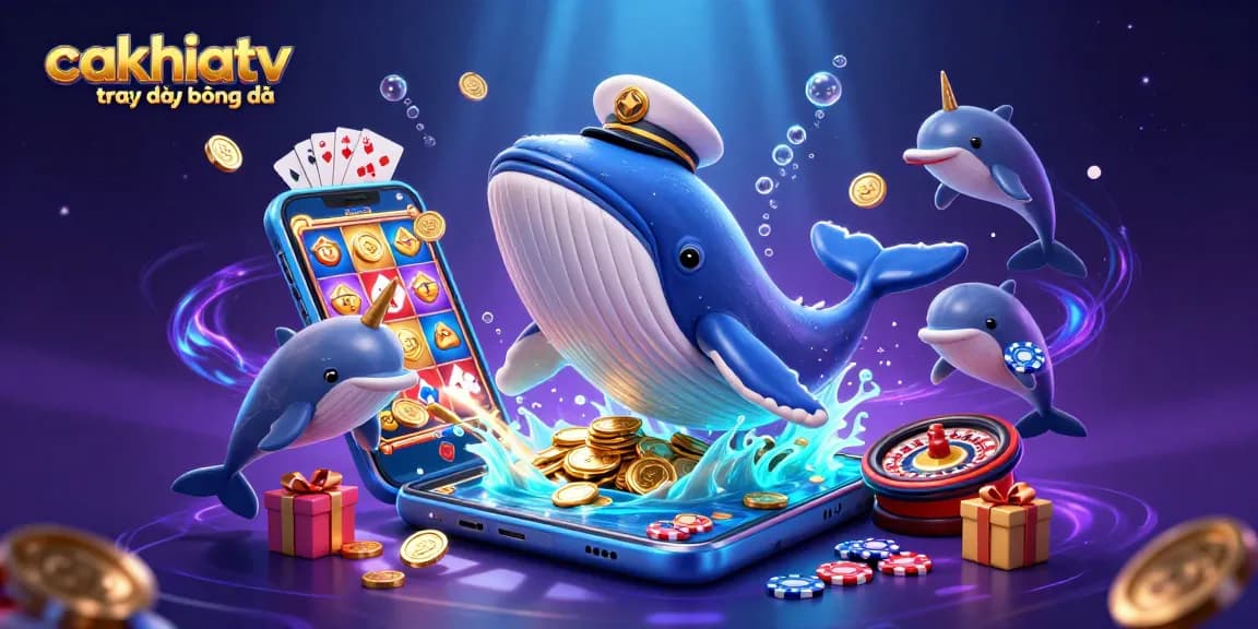 Cakhiatv trực tiếp bóng đá scene with cartoon whale and playful dolphins in a vibrant casino atmosphere.