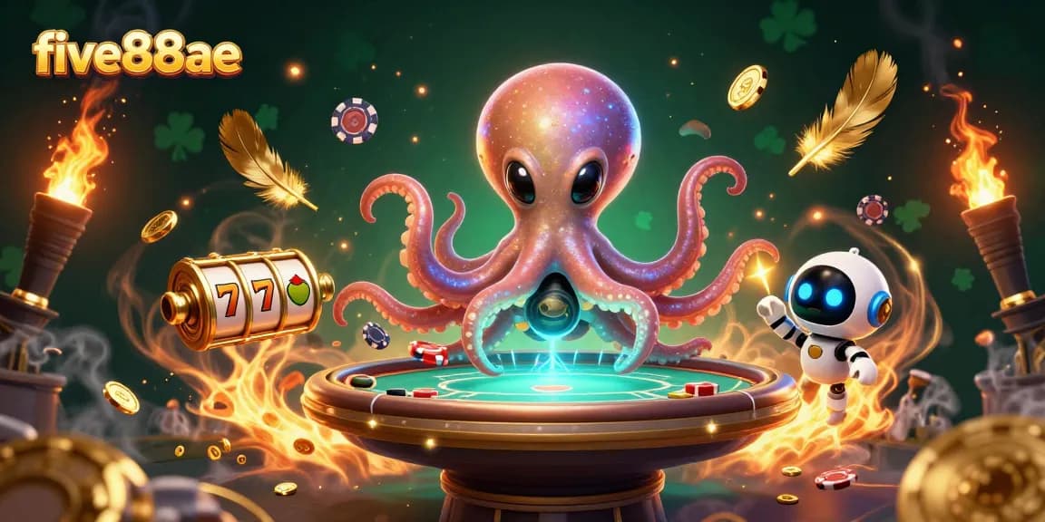 Experience the excitement of gaming at five88ae with vibrant illustrations of an alien octopus at a poker table.