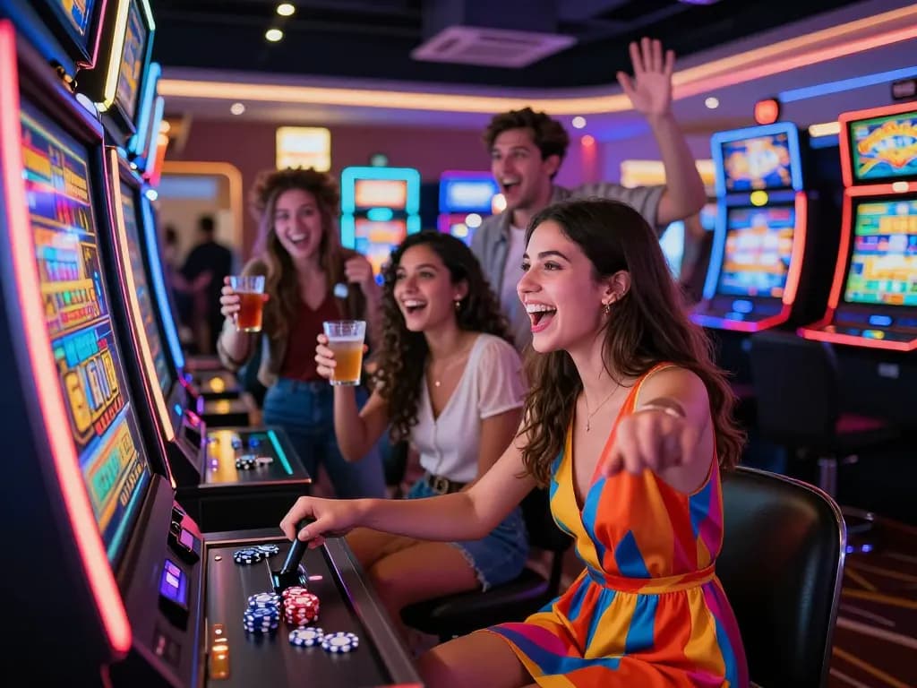Excited group celebrating around a Lucky88 slot machine in a vibrant casino setting.