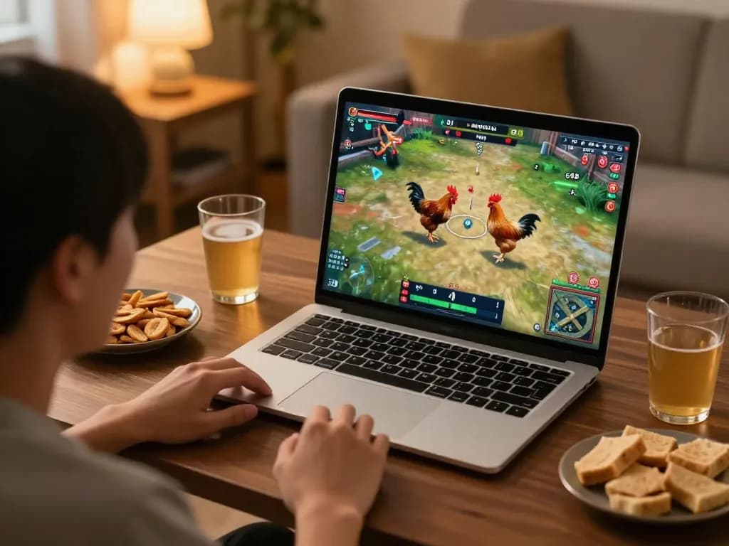 Watching trực tiếp đá gà live stream on laptop, vibrant home gaming atmosphere