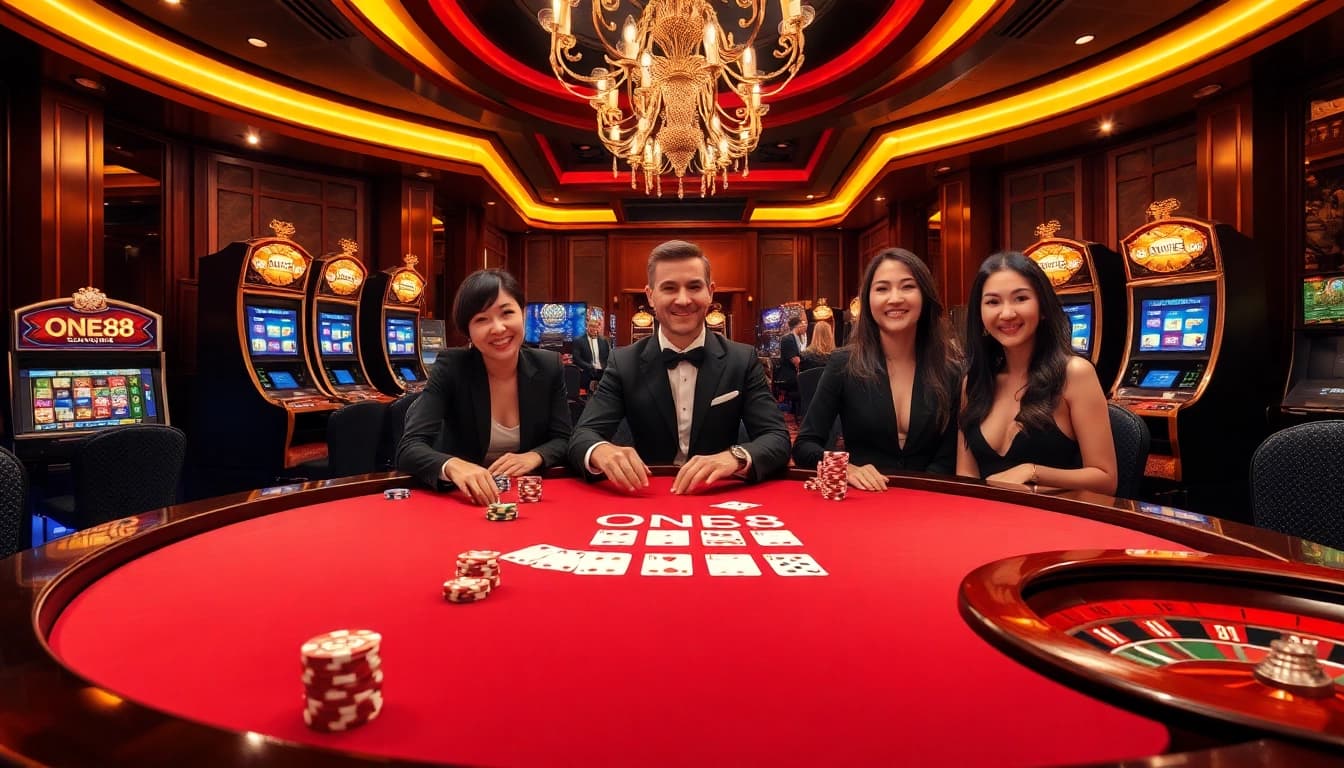 Engage in a thrilling poker game at the luxurious ONE88 casino, featuring vibrant chips and cards.