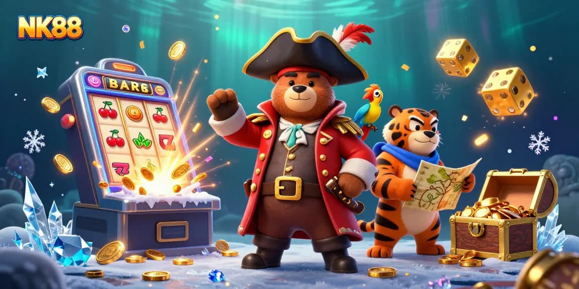 Spin and win at NK88, highlighted by a colorful jackpot scene with vibrant characters.
