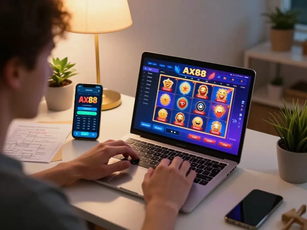 Player engaging with Ax88 online casino on laptop, showcasing a vibrant gaming experience