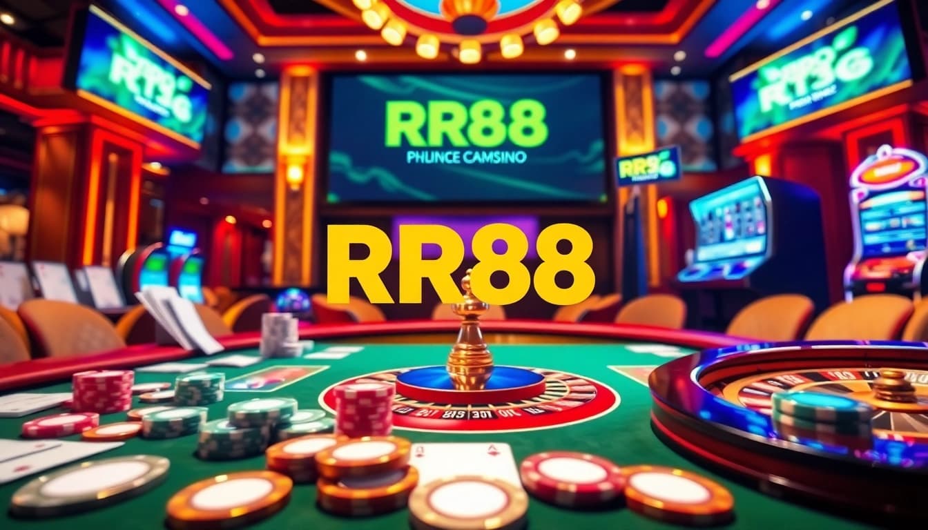 Engaging online gambling scene featuring trang chủ chính thức rr88 amidst casino elements like poker chips and a roulette wheel.