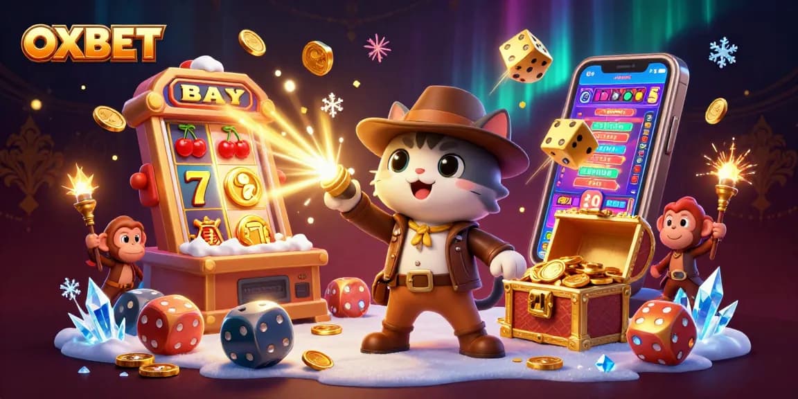 Engage in thrilling OXBET gameplay revealing treasures in a vibrant casino scene with animated characters.