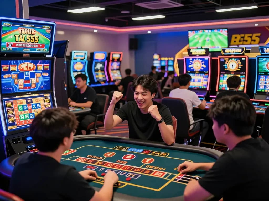 Exciting gaming experience at https://bl555.productions/ showcasing diverse players celebrating wins in a vibrant casino environment.