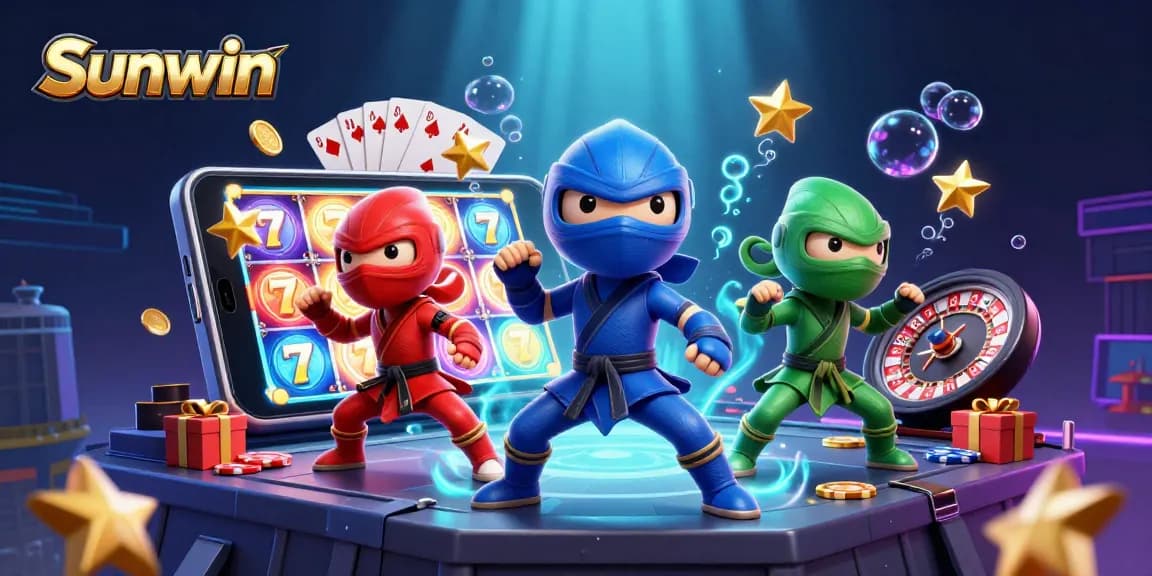 Sunwin showcases dynamic characters engaging in thrilling slot gaming action with colorful elements.