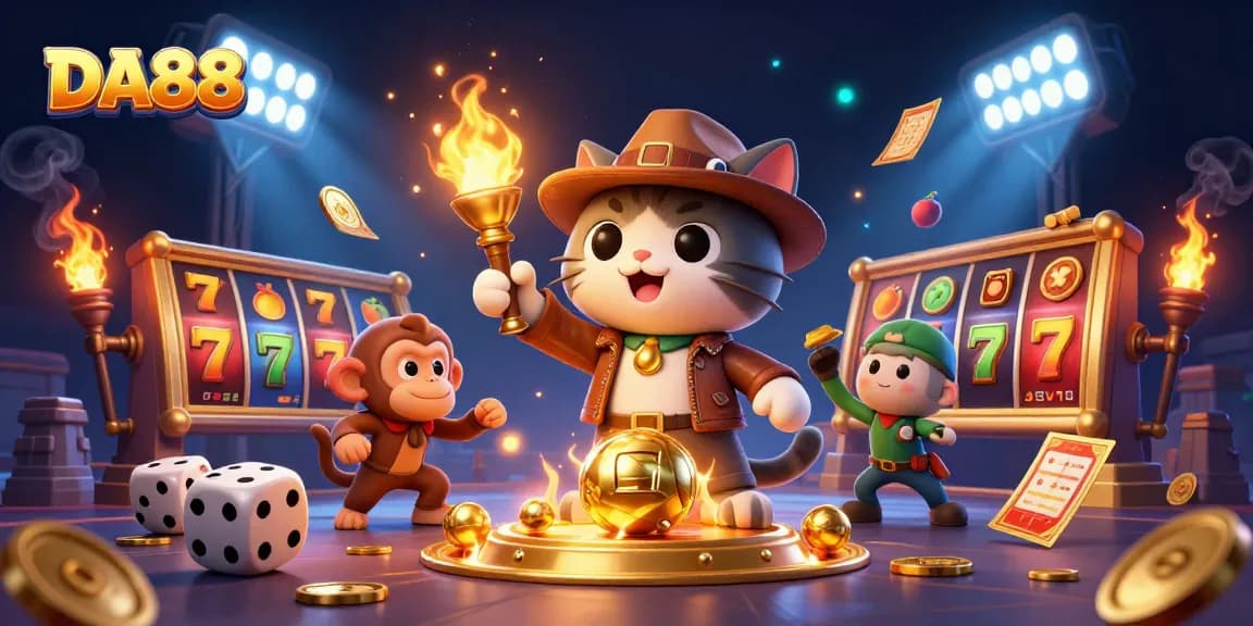 Engage with the vibrant world of DA88 slots through a dynamic 3D scene of adventure and treasure.