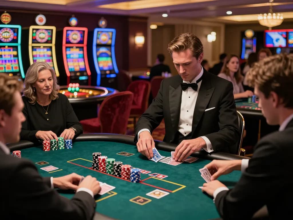 Engaging poker scene at da88hq with players eagerly watching the dealer shuffle cards.